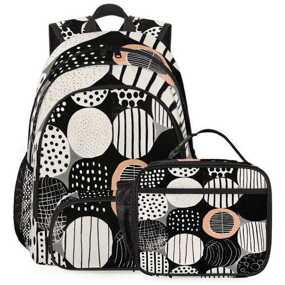 Herdesigns Striped Backpack with Lunch Box Retro Vintage Black and White Lightweight Large Travel Work Laptop Backpacks Set Casual Daypacks