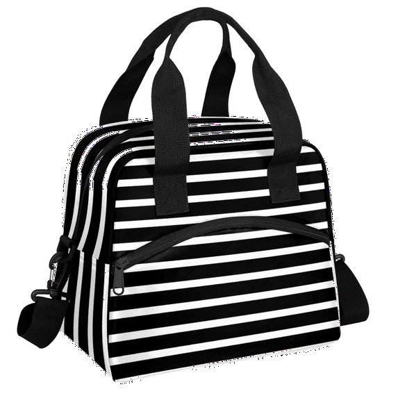 Herdesigns Striped Insulated Lunch Bag for Women Men Adults Large Reusable Lunch Box Black and White Leakproof Cooler Tote Bags with Adjustable Shoulder Strap