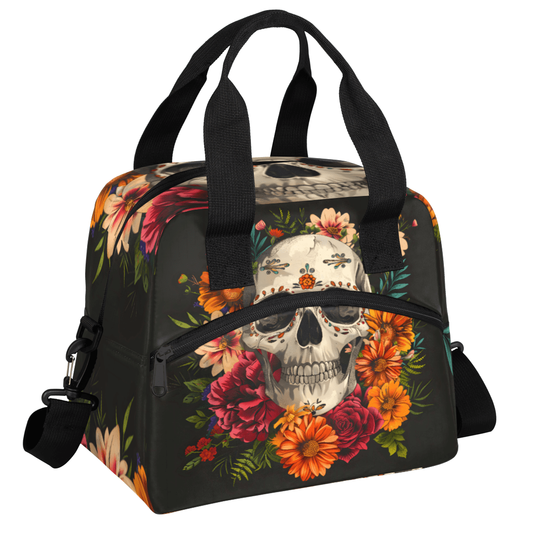 Herdesigns Sugar Flower Skull Floral Gothic Insulated Lunch Bag for Women Men Adults Large Reusable Lunch Box Leakproof Portable Cooler Tote Bags with Adjustable Shoulder Strap