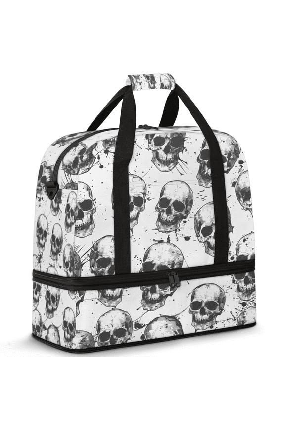 Sugar Skeleton Black White Skull Foldable Travel Duffel Bag for Women Men, Gym Tote Bags with Shoe Compartment, Waterproof Carry On Weekend Overnight Bag
