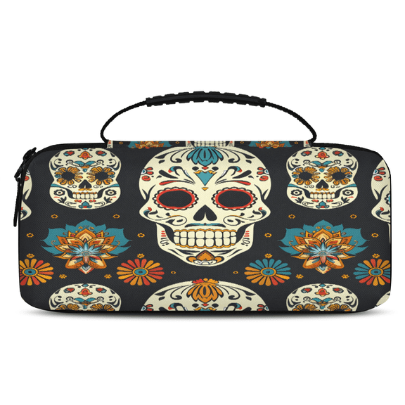 Herdesigns Sugar Skull Carry Case Compatible with Nintendo Switch 2017 & Oled 2021, with 20 Game Card Slots, Goth Skeleton Portable Travel Carrying Case Pouch for Accessories & Games