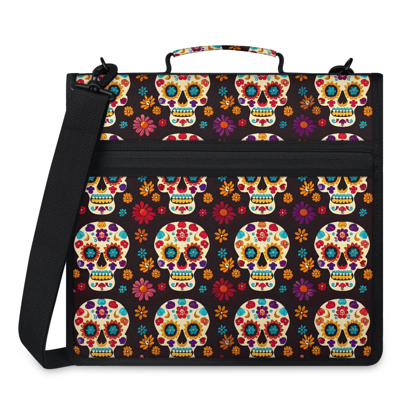 Herdesigns Sugar Skull Day Of The Dead Halloween Zipper Binder with Shoulder Strap, Waterproof 1.5 Inch 3 D-Ring Binder Organizer Bag, Fits 13 Inch Laptop for Work, Skull