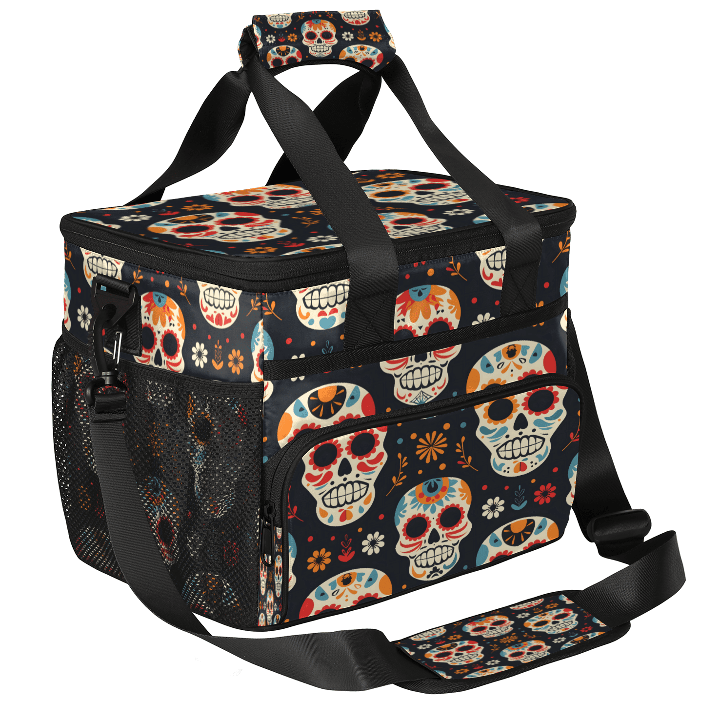 Herdesigns Sugar Skull Floral Large Lunch Box for Adults Women Men with Adjustable Shoulder Strap, Insulated Reusable Lunch Bag Leakproof Cooler Tote Bag