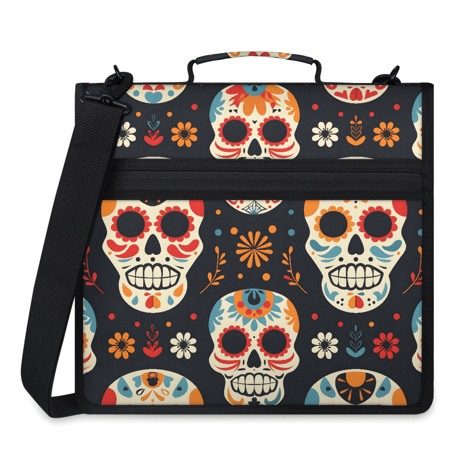 Herdesigns Sugar Skull Floral Zipper Binder with Shoulder Strap, Waterproof 1.5 Inch 3 D-Ring Binder Organizer Bag, Fits 13 Inch Laptop for Work,
