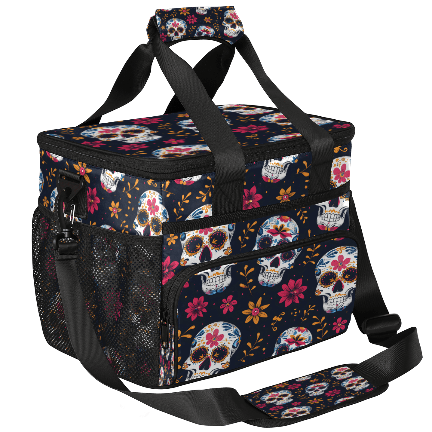 Herdesigns Sugar Skull Flowers Large Lunch Box for Adults Women Men with Adjustable Shoulder Strap, Insulated Reusable Lunch Bag Leakproof Cooler Tote Bag