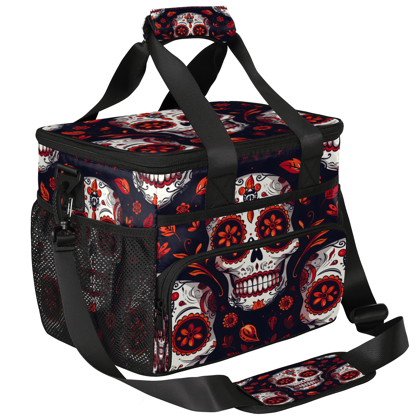 Herdesigns Sugar Skull Mexican Floral Skeleton Large Lunch Box for Adults Women Men with Adjustable Shoulder Strap, Insulated Reusable Lunch Bag Leakproof Cooler Tote Bag