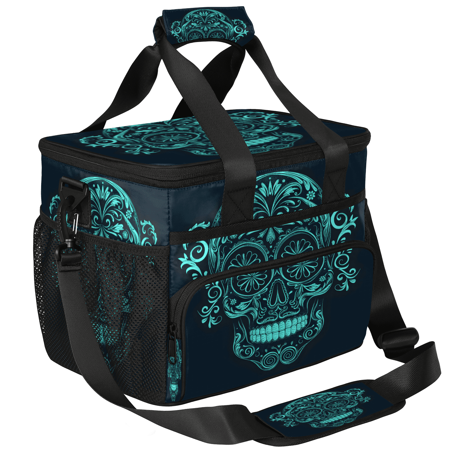 Herdesigns Sugar Skull Mexican Large Lunch Box for Adults Women Men with Adjustable Shoulder Strap, Insulated Reusable Lunch Bag Leakproof Cooler Tote Bag