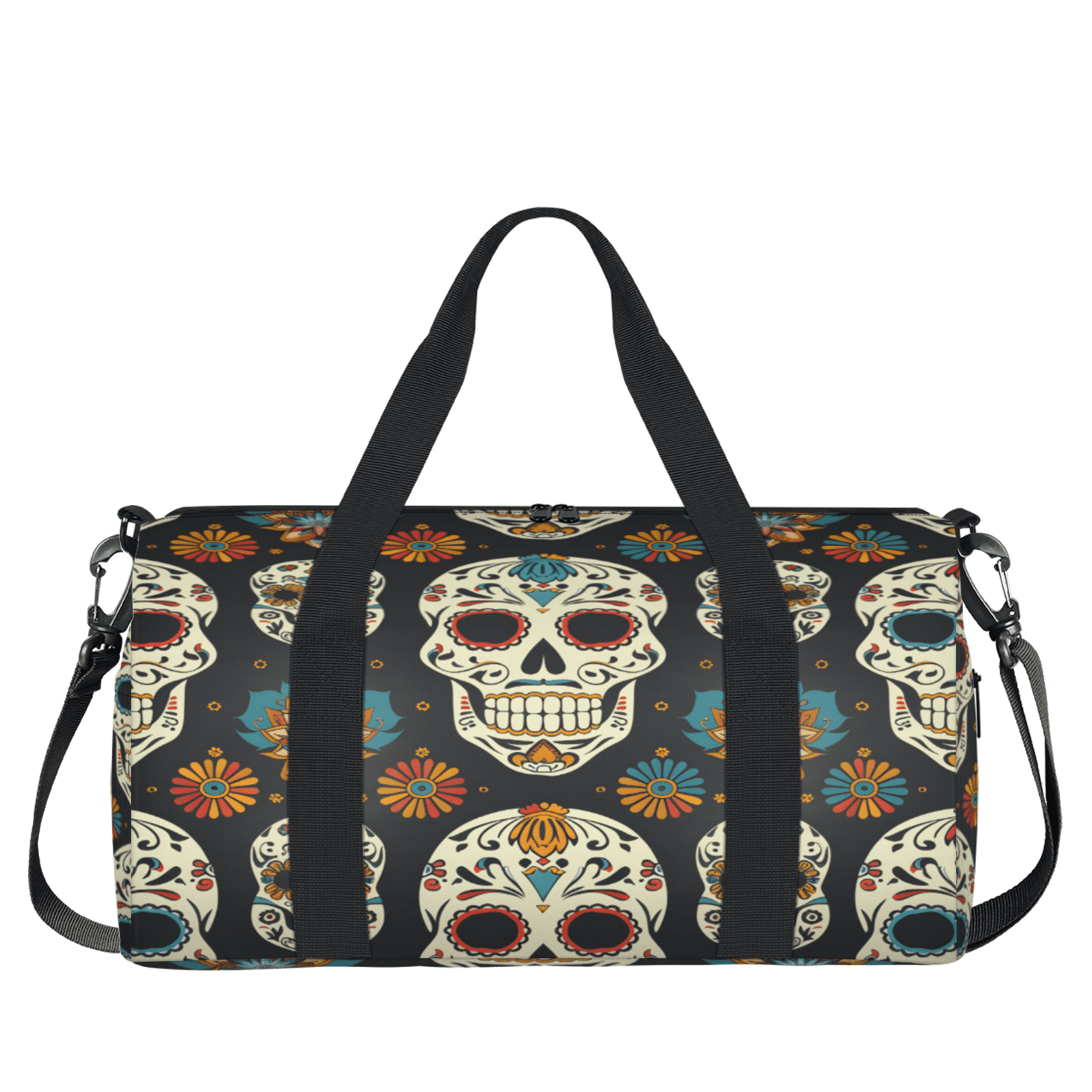 Herdesigns Sugar Skull Travel Duffle Bag Sports Yoga Weekender Overnight Carry on Workout Bags Lightweight Waterproof Gym Tote Bag for Women Goth Skeleton
