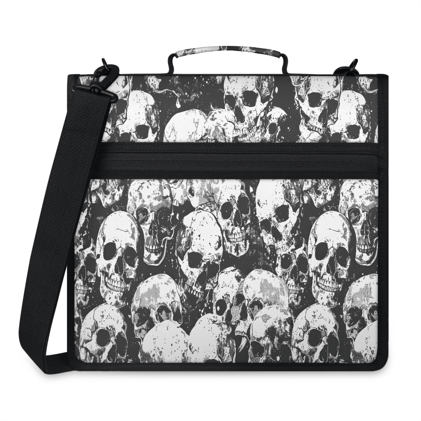 Herdesigns Sugar Skull Zipper Binder with Shoulder Strap, Waterproof 1.5 Inch 3 D-Ring Binder Organizer Bag, Fits 13 Inch Laptop for Work, Black White Skeleton