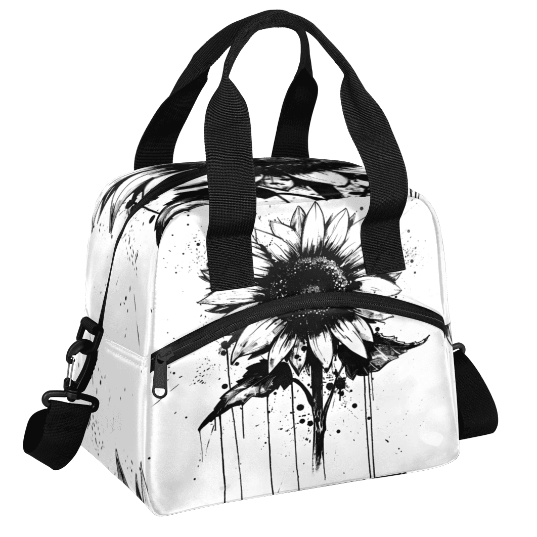 Herdesigns Sunflower Black Insulated Lunch Bag for Women Men Adults Large Reusable Lunch Box Leakproof Portable Cooler Tote Bags with Adjustable Shoulder Strap