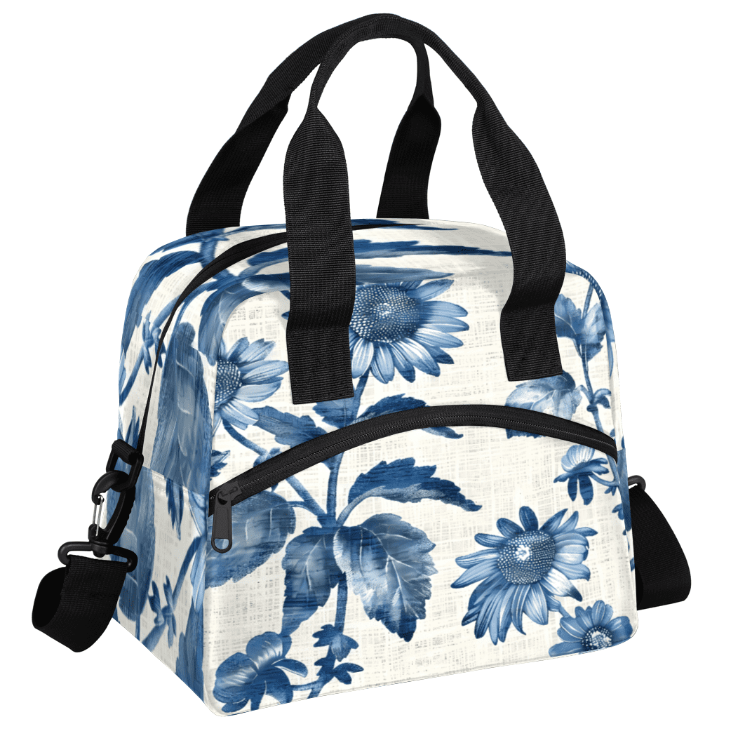 Herdesigns Sunflower Blue Flower Insulated Lunch Bag for Women Men Adults Large Reusable Lunch Box Leakproof Portable Cooler Tote Bags with Adjustable Shoulder Strap