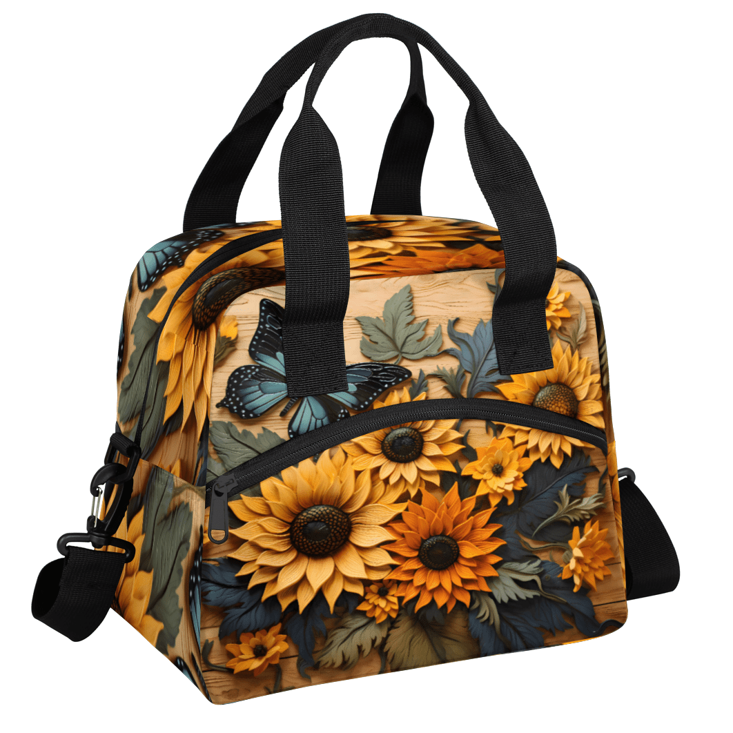 Herdesigns Sunflower Butterfly Insulated Lunch Bag for Women Men Adults Large Reusable Lunch Box Leakproof Portable Cooler Tote Bags with Adjustable Shoulder Strap