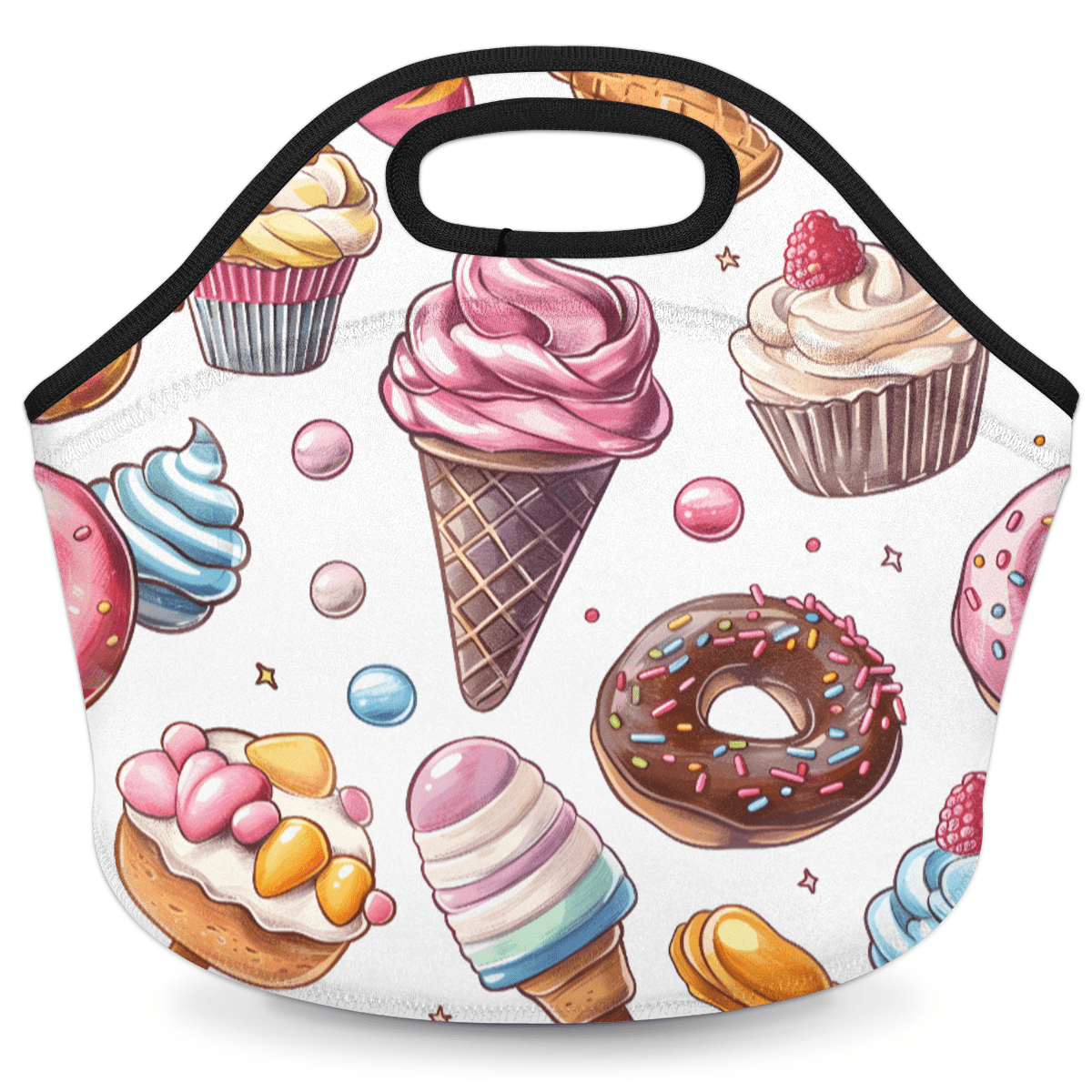 Herdesigns Sweet Food Neoprene Lunch Bag, Ice Cream Donut Insulated Lunch Box for Women Men Washable Lunch Tote Soft Lunch Container With Zipper for Work Picnic Travel