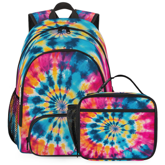 Herdesigns Tie Dye Backpack with Lunch Box Colorful Swirls Lightweight Large Travel Work Laptop Backpacks Set Casual Daypacks