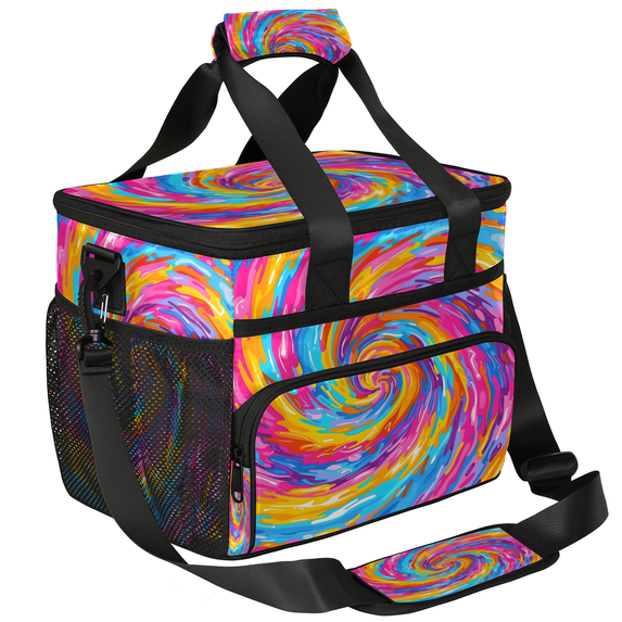 Herdesigns Tie Dye Colorful Boho Rainbow Large Lunch Box for Adults Women Men with Adjustable Shoulder Strap, Insulated Reusable Lunch Bag Leakproof Cooler Tote Bag