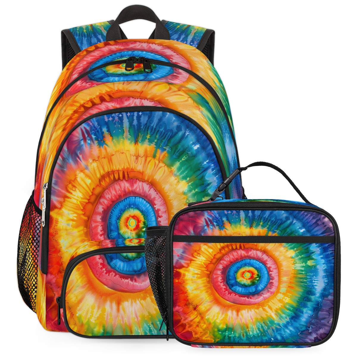 Herdesigns Tie Dye Colorful Rainbow Retro Large Backpack Set with Lunch ...