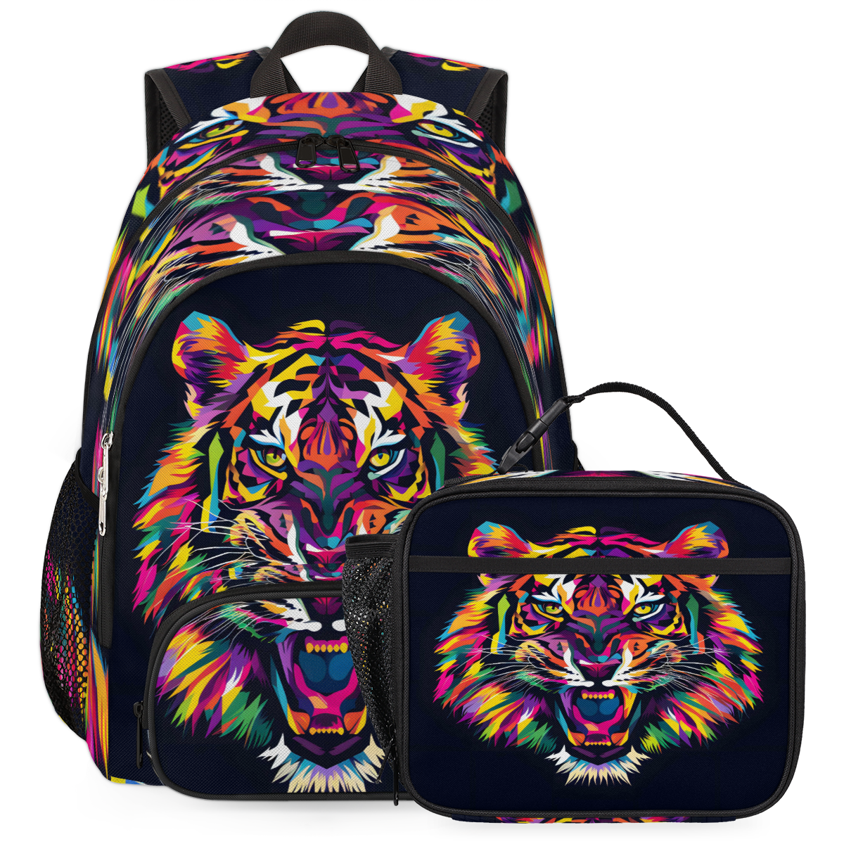 Herdesigns Tiger Large Backpack Set with Lunch Box Lightweight Water Resistant Travel Laptop Backpacks Casual Daypacks for Women Men