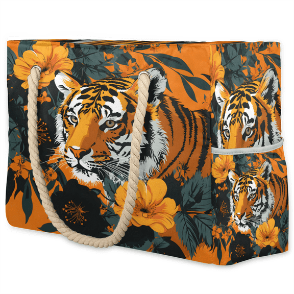 Herdesigns Tiger Tote Beach Bag for Women Ladies with Zipper Animal Large Waterproof Sandproof Swim Pool Bag