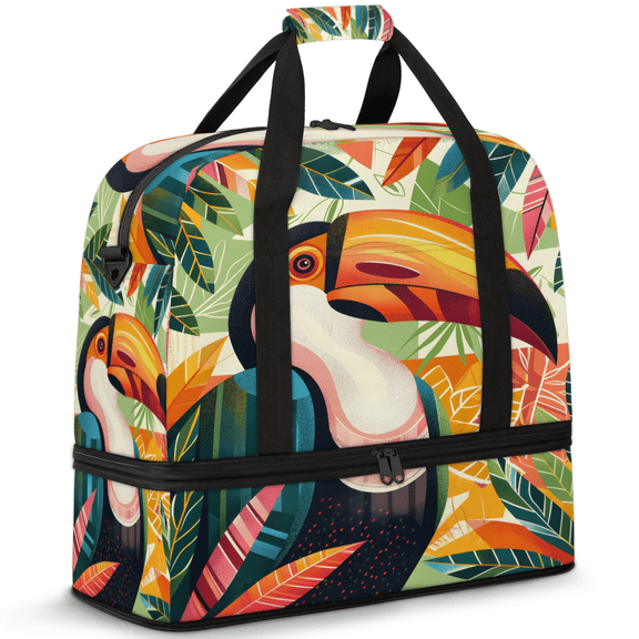 Herdesigns Toucan Bird Foldable Travel Duffle Bag for Women and Men Lightweight Carry On Overnight Bag Tropical Toucan Gym Luggage Weekender Bags with Shoe Compartment