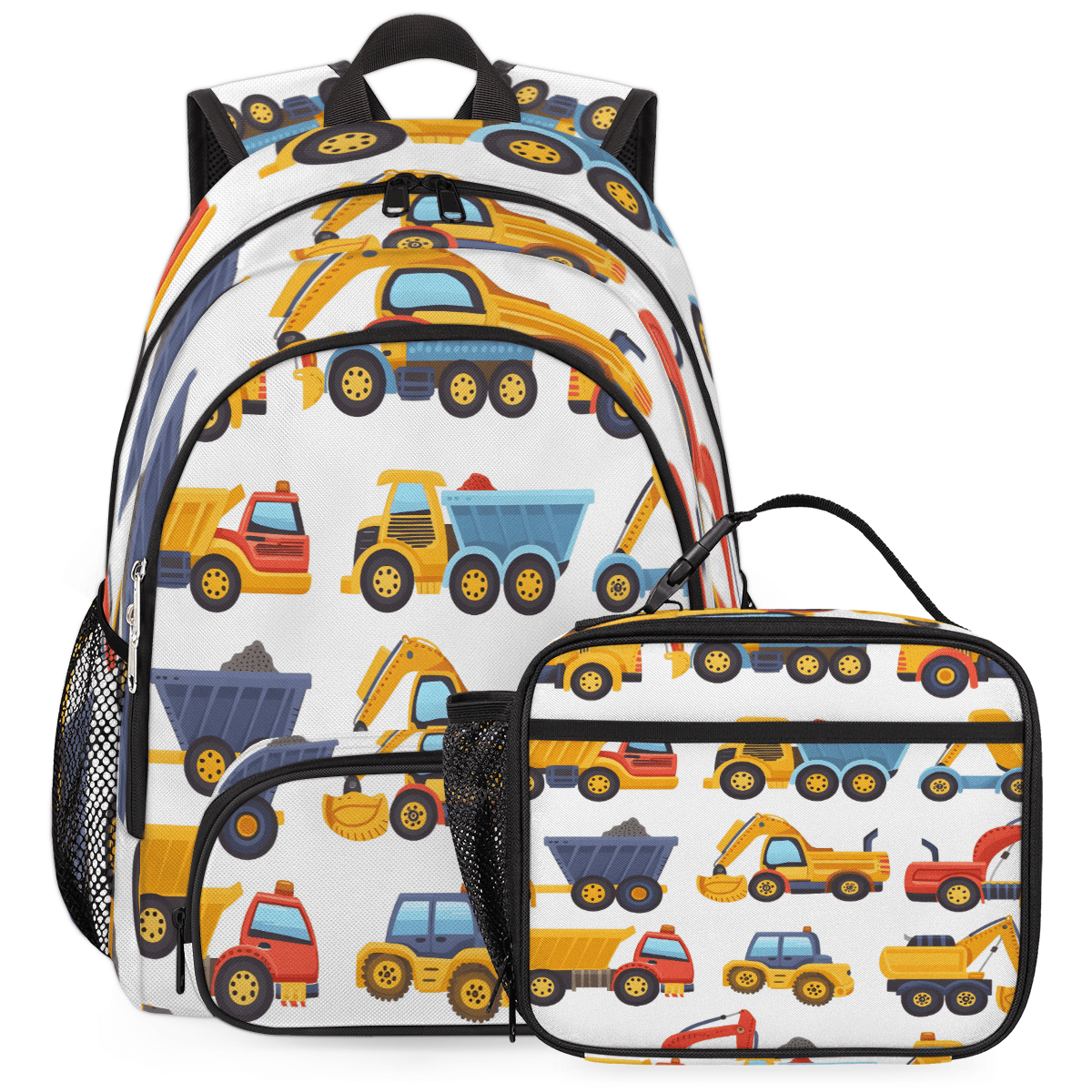 Herdesigns Tractors Trucks Excavator Large Backpack Set with Lunch Box Lightweight Water Resistant Travel Laptop Backpacks Casual Daypacks for Women Men