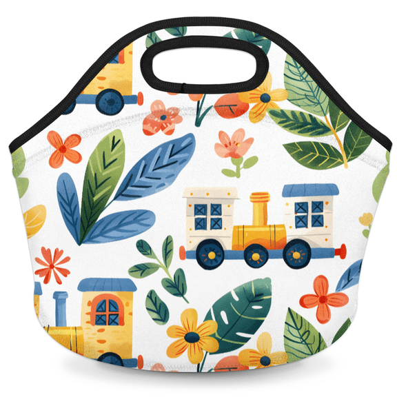 Herdesigns Train Neoprene Lunch Bag, Cartoo Train Insulated Lunch Box for Women Men Washable Lunch Tote Soft Lunch Container With Zipper for Work Picnic Travel