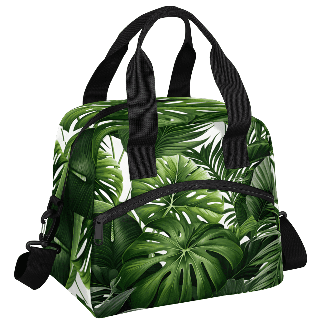 Herdesigns Tropical Green Plant Leaf Insulated Lunch Bag for Women Men Adults Large Reusable Lunch Box Botanical Jungle Design Leakproof Cooler Tote Bags with Adjustable Shoulder Strap