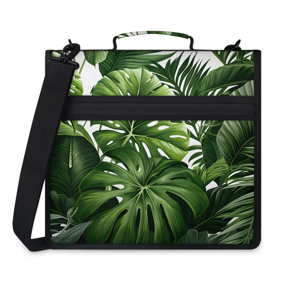 Herdesigns Tropical Green Plant Leaf Zipper Binder 1.5 Inch 3 D-Rings with Shoulder Strap & Handle, Waterproof Botanical Jungle Design Binder Organizer Bag for 13 Inch Laptop
