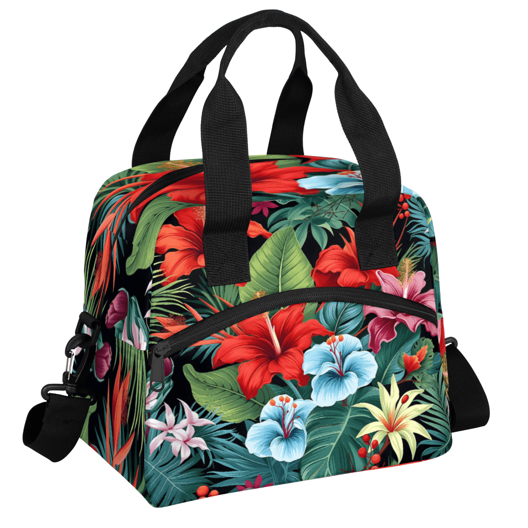 Herdesigns Tropical Hibiscu Floral Hawaii Palm Leaves Insulated Lunch Bag for Women Men Adults Large Reusable Lunch Box Leakproof Portable Cooler Tote Bags with Adjustable Shoulder Strap