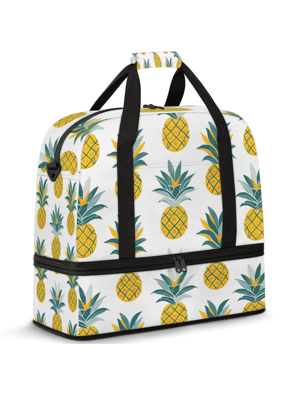 Tropical Pineapple Travel Duffel Bag with Shoe Compartment Hawaiian Pineapple Large Foldable Waterproof Weekend Overnight Bag for Beach Swim Pool Bags Sports Gym