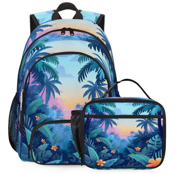 Herdesigns Tropical Rainforest Backpack with Lunch Box Flower Lightweight Large Travel Work Laptop Backpacks Set Casual Daypacks