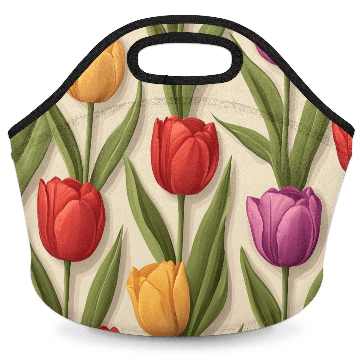 Herdesigns Tulip Flower Insulated Lunch Bag Neoprene Lunch Box for Women Men Soft Cooler Bag Colorful Floral Washable Lunch Tote for Work Outdoor Picnic