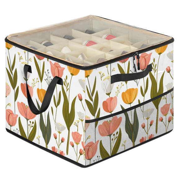 Herdesigns Tulip Flower Shoe Organizer for Closet, Large Shoe Storage Box, Stackable, Space Saving, Foldable, Floral Shoes Organizer Bin with Clear Cover, 4 Reinforced Handles