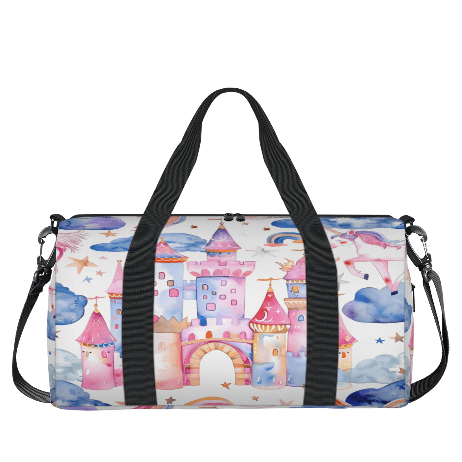 Herdesigns Unicorn Castle Rainbow Gym Bag for Women, Duffle Bag for Travel Sport, Lightweight Waterproof Carry on Weekender Overnight Dance Yoga Workout Bags