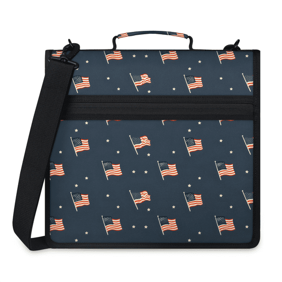 Herdesigns United States American Flag Zipper Binder 1.5 Inch 3 D-Rings with Shoulder Strap & Handle, Waterproof 4th of July Binder Organizer Bag for 13 Inch Laptop