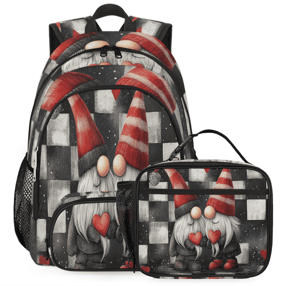 Herdesigns Valentine's Day Gnome Large Backpack Set with Lunch Box Lightweight Water Resistant Travel Laptop Backpacks Casual Daypacks for Women Men