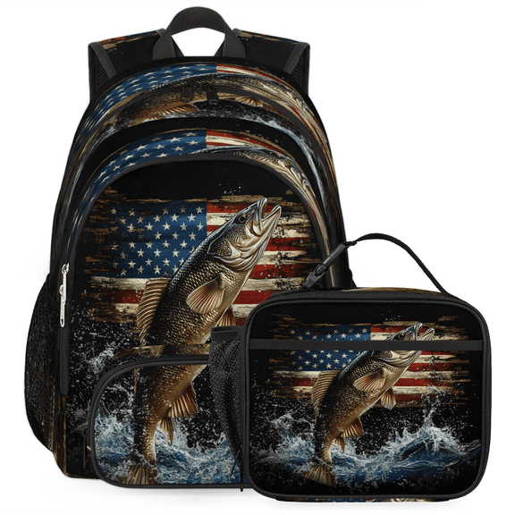 Herdesigns Vintage American Flag Large Backpack Set with Lunch Box Lightweight Water Resistant Travel Laptop Backpacks Casual Daypacks for Women Men, Bass Fish