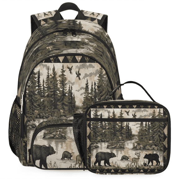 Herdesigns Vintage Bear Deer Forest Woodland Large Backpack Set with Lunch Box Lightweight Water Resistant Travel Laptop Backpacks Casual Daypacks for Women Men