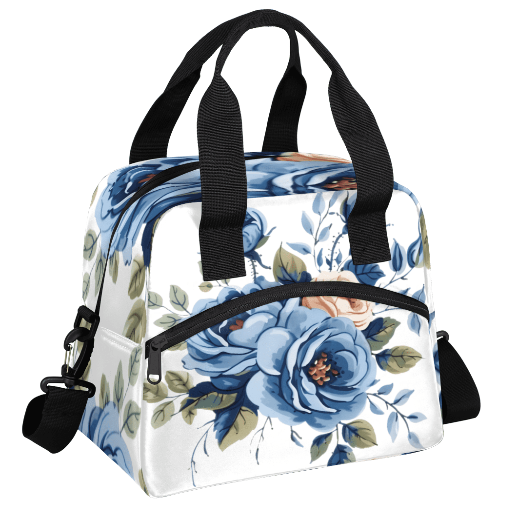 Herdesigns Vintage Blue Roses Insulated Lunch Bag for Women Men Adults Large Reusable Lunch Box Leakproof Portable Cooler Tote Bags with Adjustable Shoulder Strap
