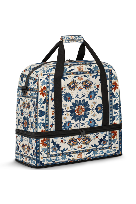 Vintage Boho Floral Foldable Travel Duffel Bag for Women Men, Gym Tote Bags with Shoe Compartment, Waterproof Carry On Weekend Overnight Bag