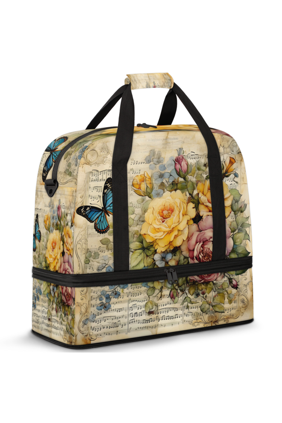 Vintage Floral Foldable Travel Duffle Bag for Women and Men Lightweight Carry On Overnight Bag Flower Butterfly Gym Luggage Weekender Bags with Shoe Compartment