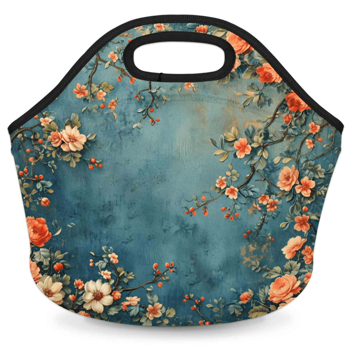 Herdesigns Vintage Floral Neoprene Lunch Bag, Flowers Insulated Lunch Box for Women Men Washable Lunch Tote Soft Lunch Container With Zipper for Work Picnic Travel