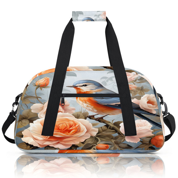 Herdesigns Vintage Flower Birds Sports Duffle Bag for Women & Men, Floral Bird Gym Bag Dance Bag Overnight Bag Carry On Weekender Travel Bag