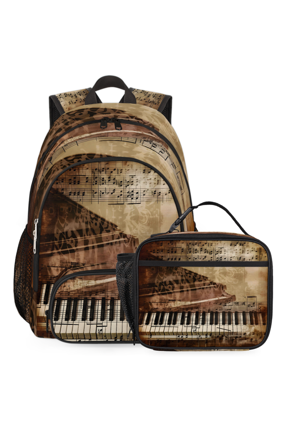 Vintage Music Piano Key Theme Large Backpack Set with Lunch Box Lightweight Water Resistant Travel Laptop Backpacks Casual Daypacks for Women Men