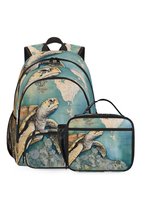 Vintage Nautical Sea Turtle Large Backpack Set with Lunch Box Lightweight Water Resistant Travel Laptop Backpacks Casual Daypacks for Women Men