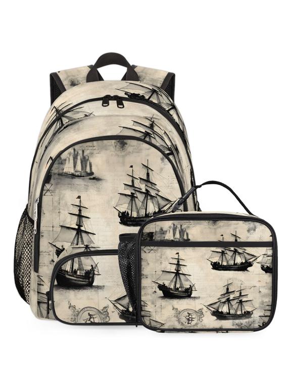 Vintage Pirate Ship Large Backpack Set with Lunch Box Lightweight Water Resistant Travel Laptop Backpacks Casual Daypacks for Women Men