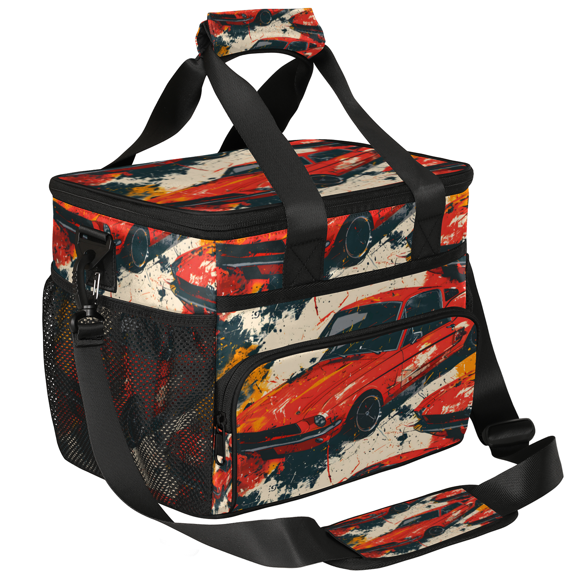 Herdesigns Vintage Red Racing Car Large Lunch Box for Adults Women Men with Adjustable Shoulder Strap, Insulated Reusable Lunch Bag Leakproof Cooler Tote Bag