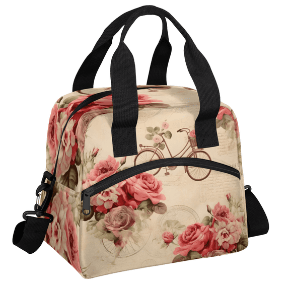 Herdesigns Vintage Rose Bicycle Flower Insulated Lunch Bag for Women Men Adults Large Reusable Lunch Box Leakproof Portable Cooler Tote Bags with Adjustable Shoulder Strap