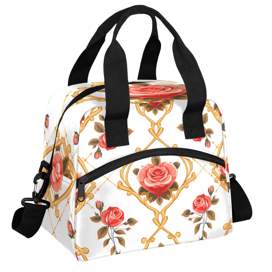 Herdesigns Vintage Rose Insulated Lunch Bag for Women Men Adults Large Reusable Lunch Box Flower Rose Leakproof Cooler Tote Bags with Adjustable Shoulder Strap