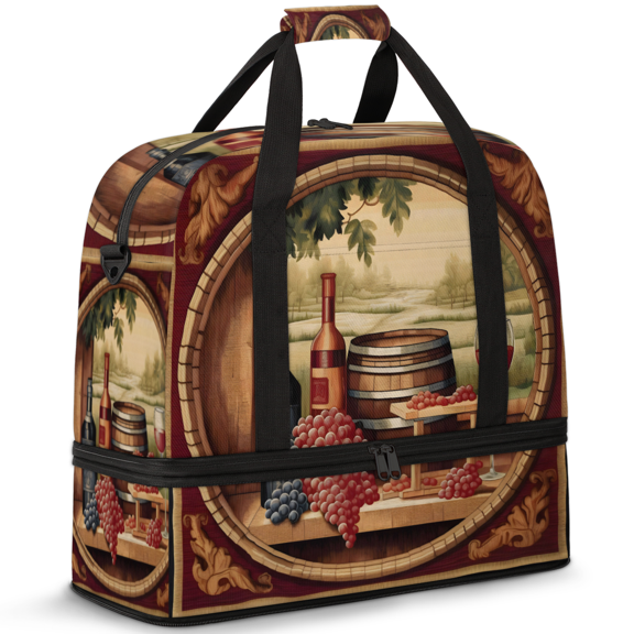 Herdesigns Vintage Wine Theme Foldable Travel Duffel Bag for Women Men, Gym Tote Bags with Shoe Compartment, Waterproof Carry On Weekend Overnight Bag