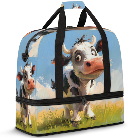 Herdesigns Watercolor Cute Cow Foldable Travel Duffel Bag for Women Men, Gym Tote Bags with Shoe Compartment, Waterproof Carry On Weekend Overnight Bag